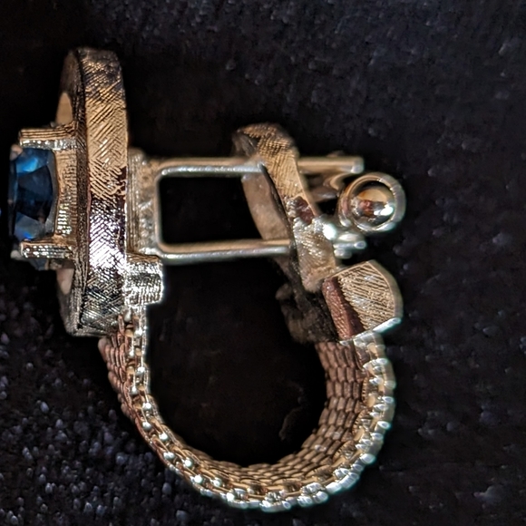 Vintage Swank Chain Mesh Cufflinks  with Silver Tone/Blue Stone and Bullet Backs - Picture 4 of 6